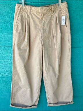 GAP Khaki Pleated Wide Leg Crop Pants 10 Petite Cotton Stretch Cuffed NWT